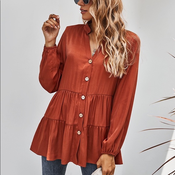 🍁🆕Button Down V Neck Long Sleeve Top Rust - Picture 3 of 7